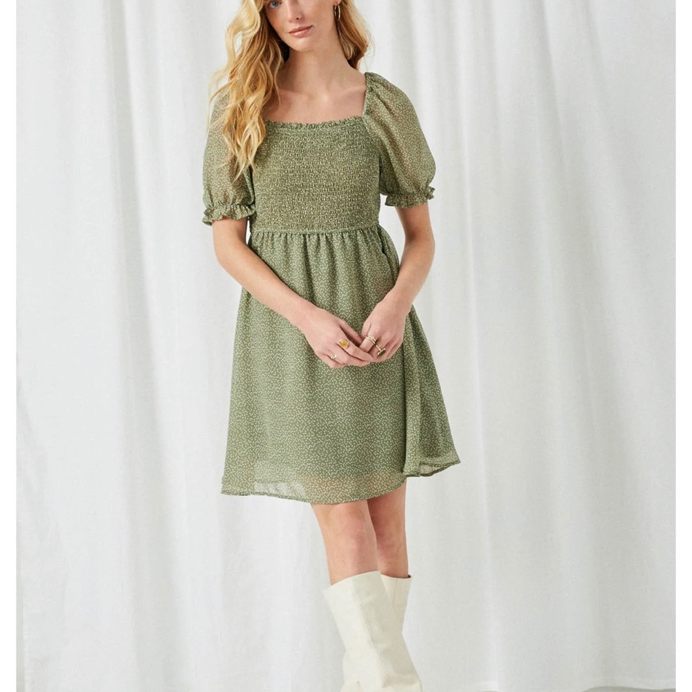 Sophie & Hailee sage and beige baby hearts dress- rouged front